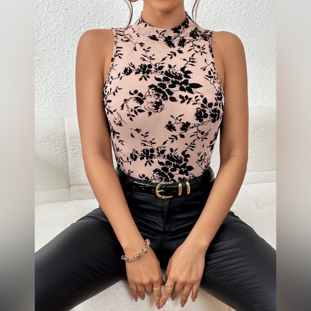 Black Floral Print Mock Neck Tank Bodysuit Beige Cream